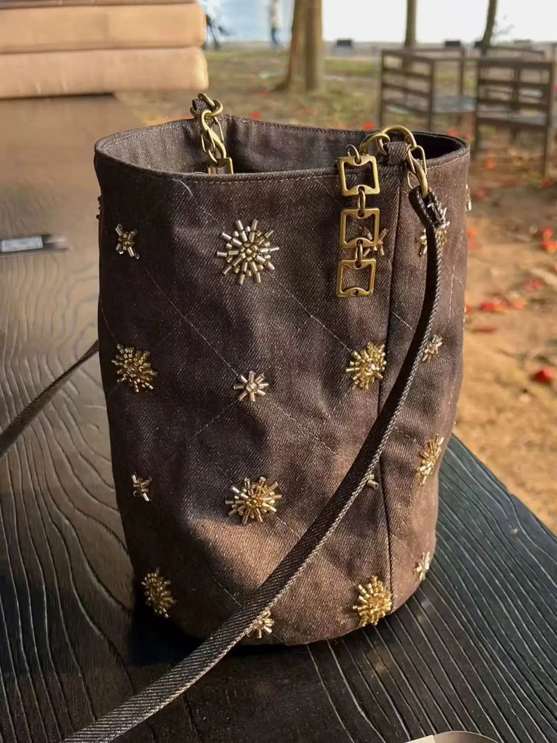 Handmade Beaded Denim Crossbody Bag