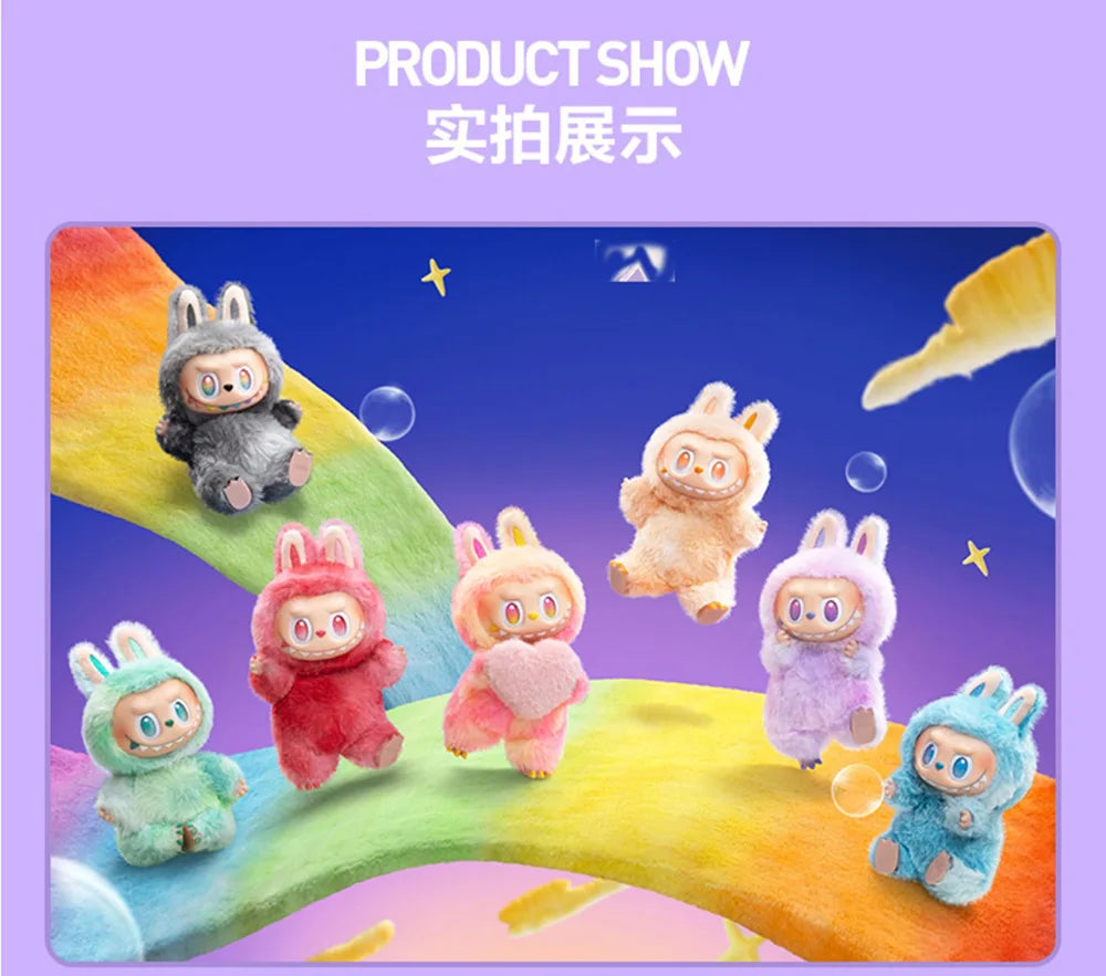 A collection of colorful Labubu Big Into Energy plush dolls in various pastel colors and textures.