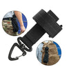 A black nylon glove hook with an adjustable clip shown in various angles and context.