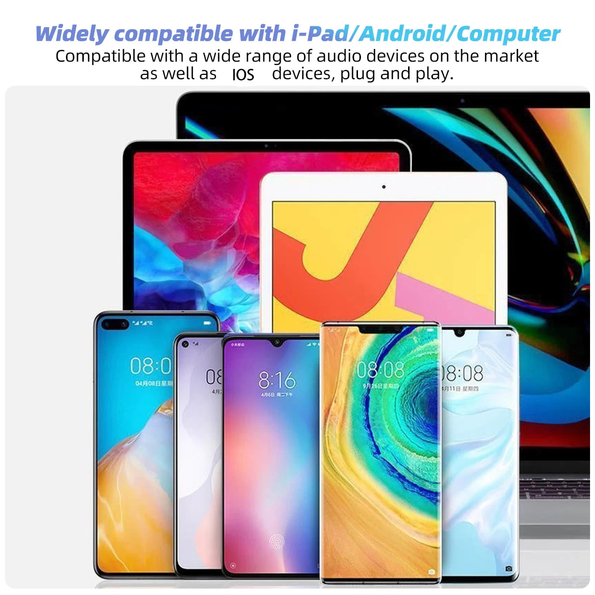 A collection of various smartphones and tablets are shown alongside USB-C wired earphones, highlighting universal compatibili