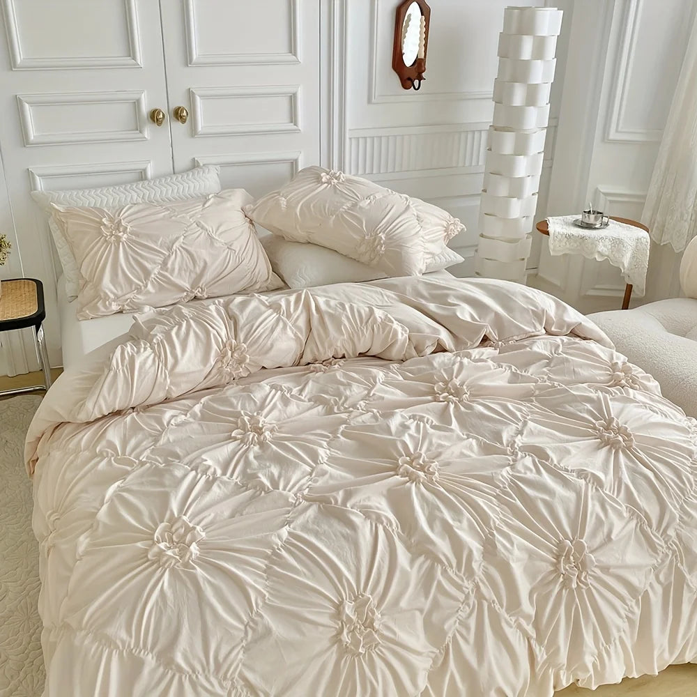 Beige Three-Dimensional Floral Duvet Cover Set