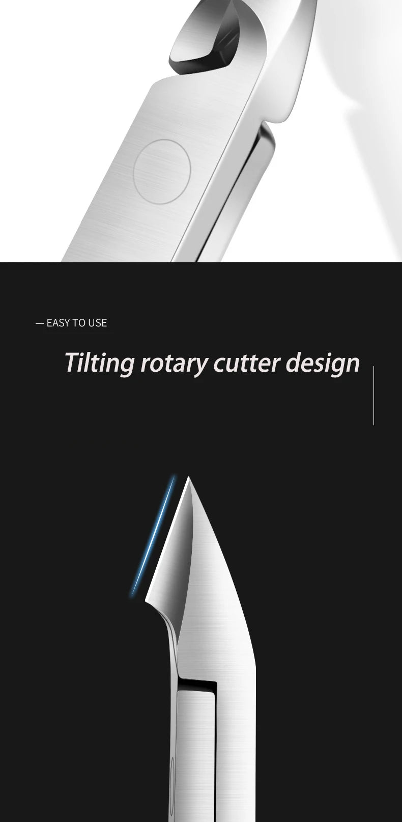 Close-up view of a professional stainless steel cuticle nippers with a tilting rotary cutter design.
