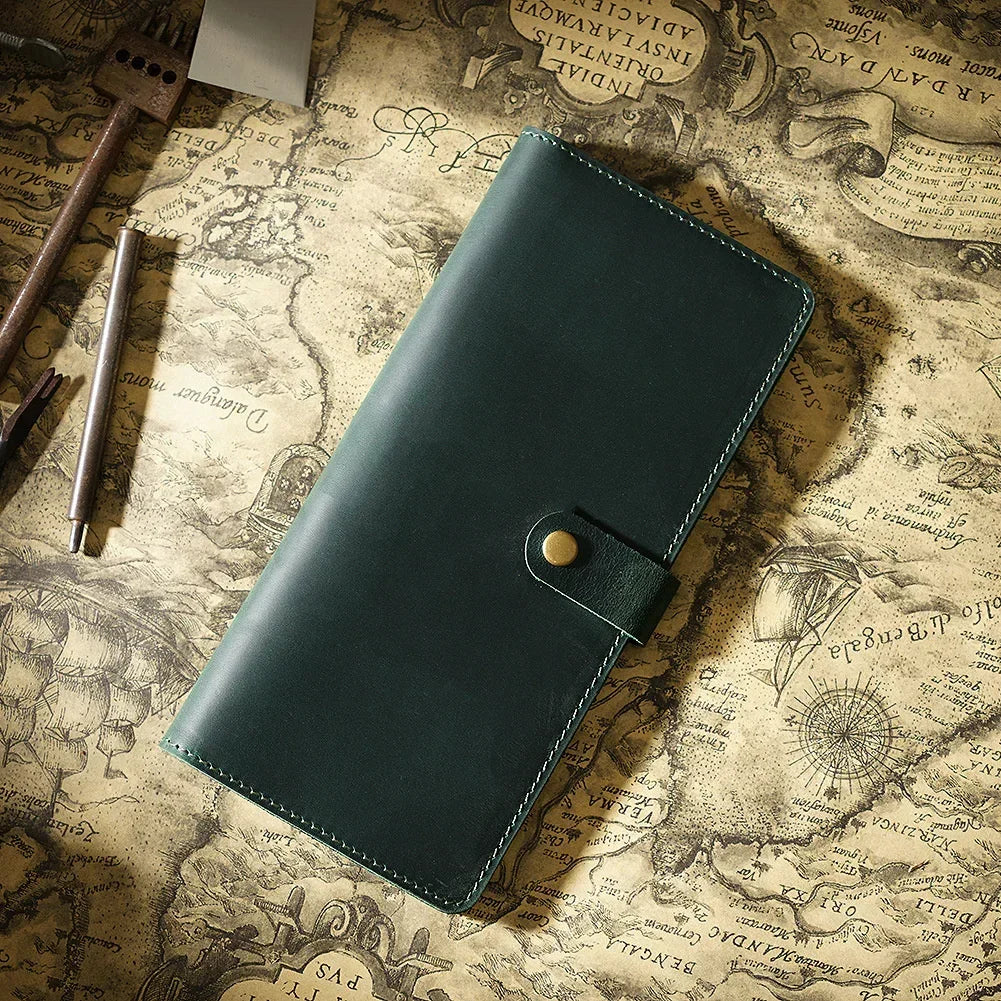 Vintage Leather Long Bifold Wallet with Snap Closure