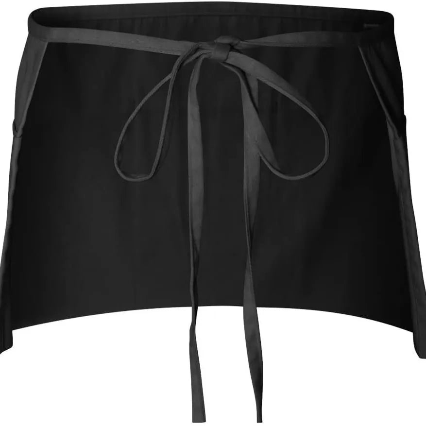 Classic black waist apron with three pockets shown flat lay.