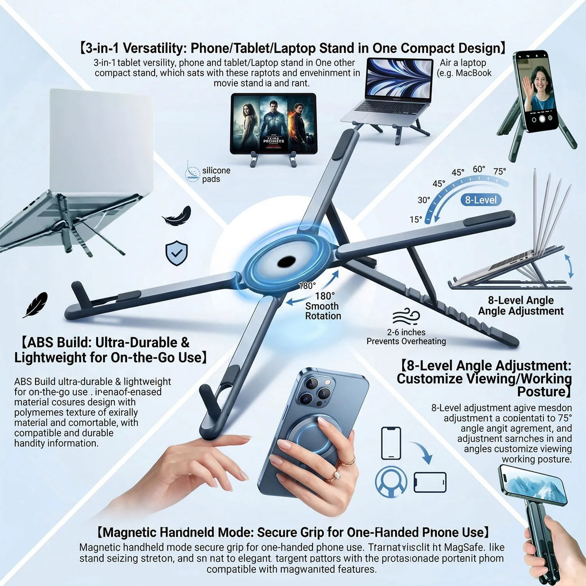 Foldable Magnetic Laptop Stand with Adjustable Height and Heat Dissipation