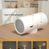 A white rechargeable motion sensor wall light with a Type-C charging port and magnetic mount shown in various modes.