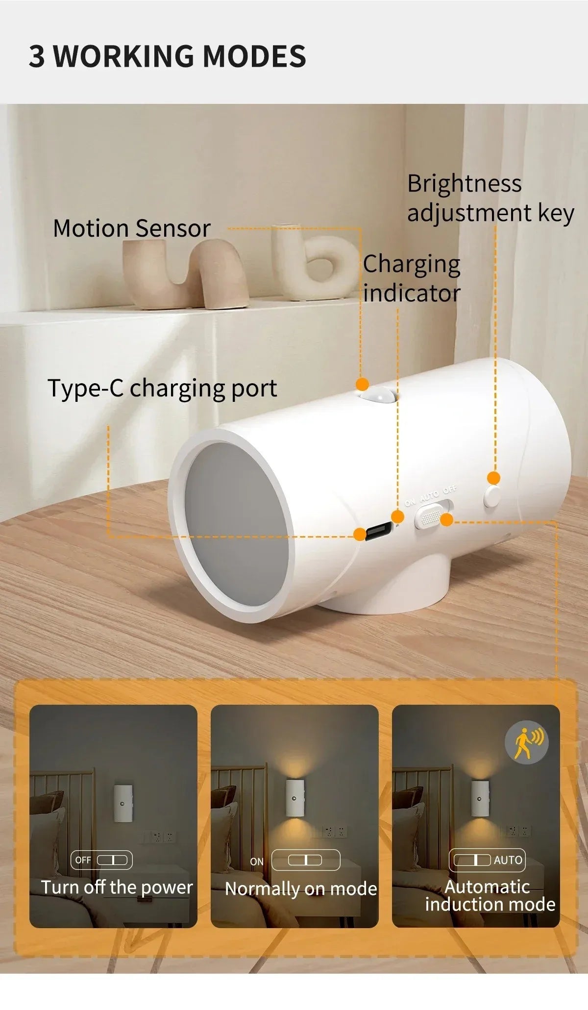 A white rechargeable motion sensor wall light with a Type-C charging port and magnetic mount shown in various modes.