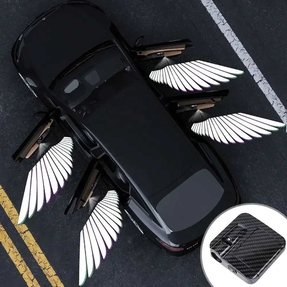 A black car is shown with multiple white LED wing-shaped door logos projecting light onto the surface.