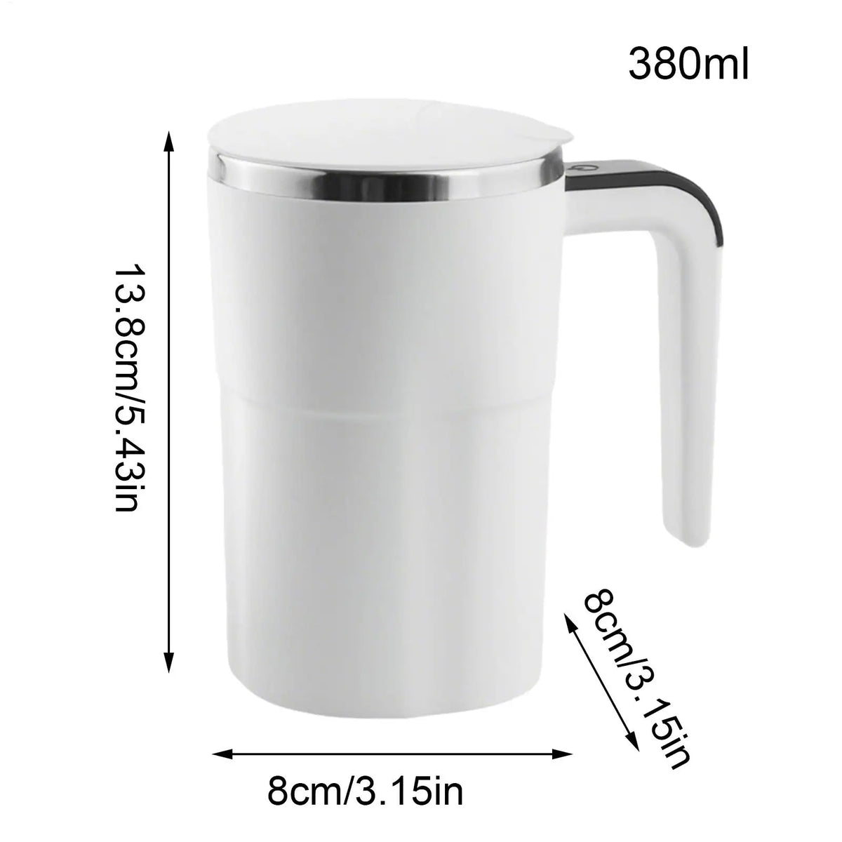 A white electric stirring mug with a handle, measuring 380ml.