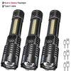 Three black LED flashlights with built-in batteries and Type-C cables shown side by side.