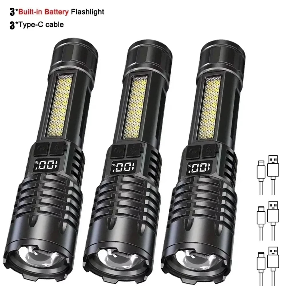 Three black LED flashlights with built-in batteries and Type-C cables shown side by side.