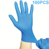 A hand wearing a blue disposable nitrile glove is shown against a white background, with the text 100PCS visible.