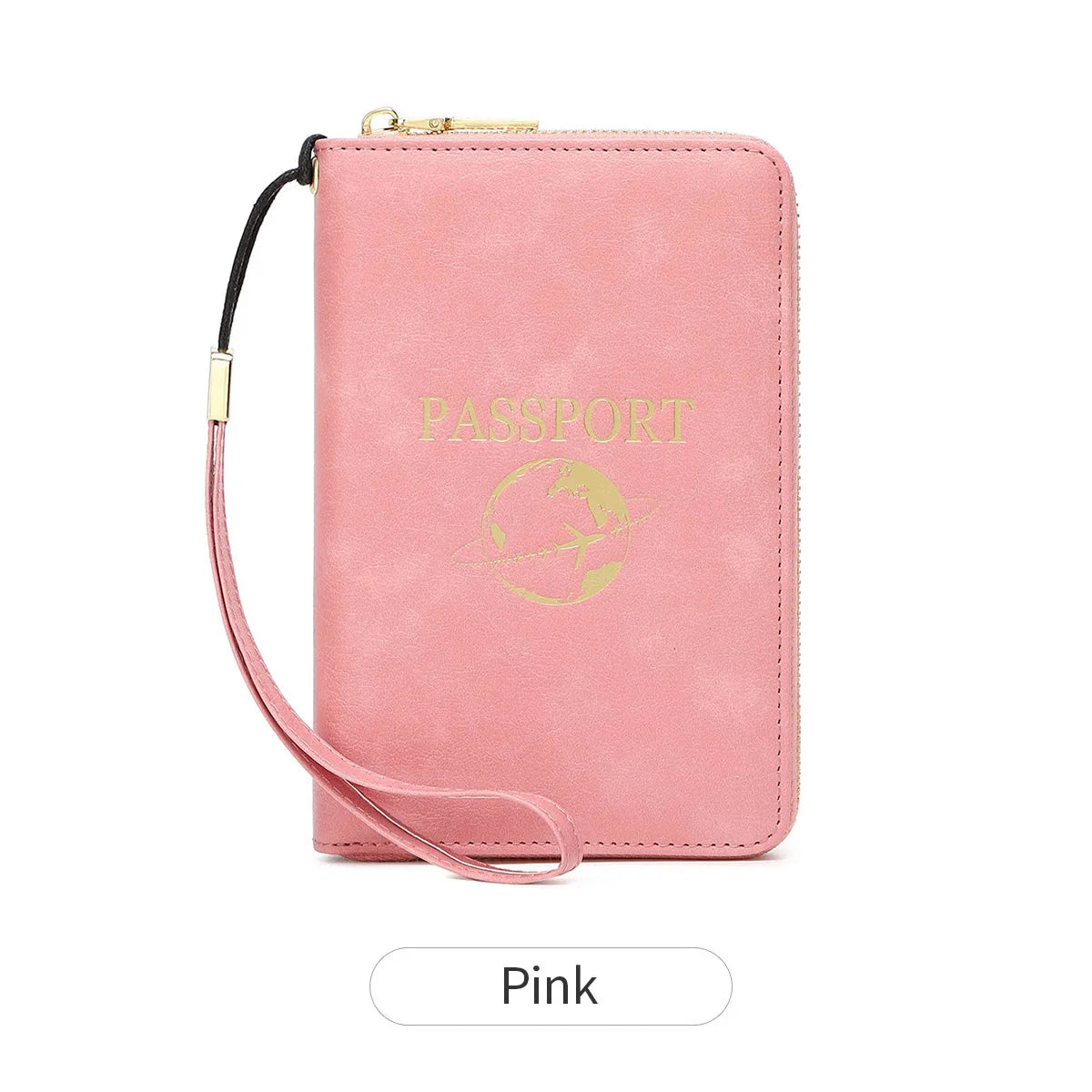 A pink passport holder wallet with a gold clasp and wrist strap.