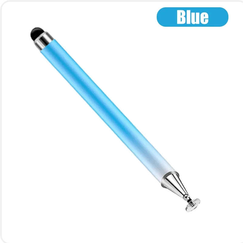 A blue stylus pen with a metal tip shown against a white background.