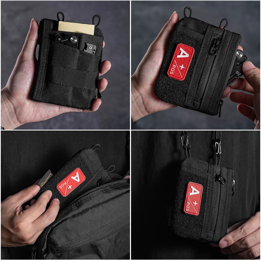 Bolsa organizadora para llevar diario negra con logo rojo ADS, sostenida por una mano.