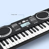 A close-up view of a black 37-key electronic piano showing controls and keys.
