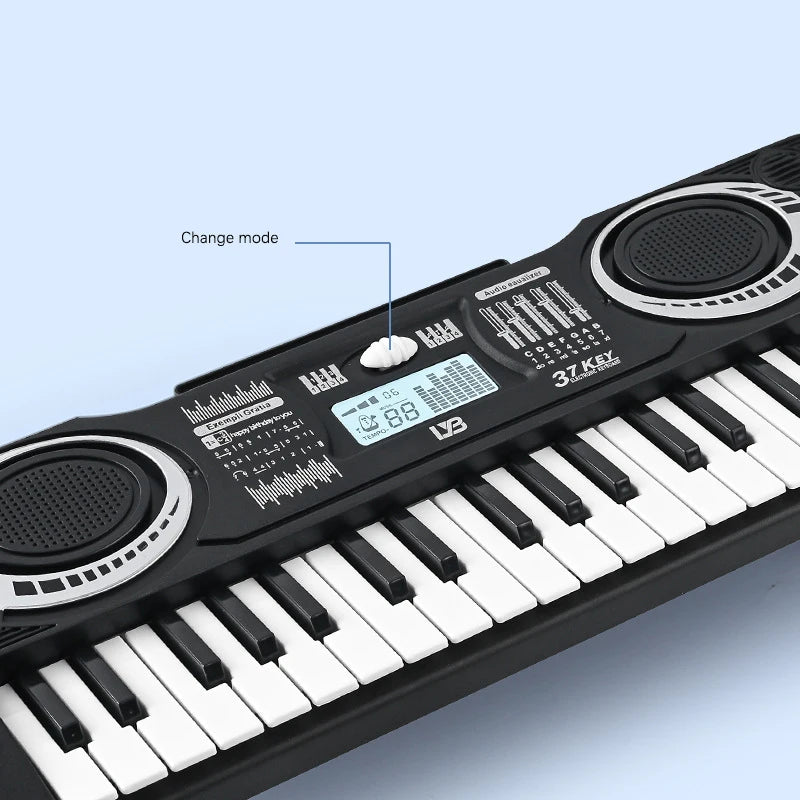 A close-up view of a black 37-key electronic piano showing controls and keys.