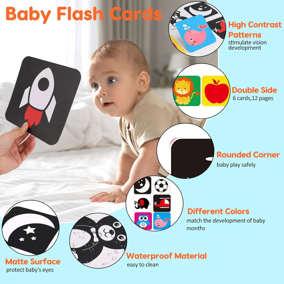 A set of baby flash cards featuring high contrast patterns and a rounded corner for safe play.