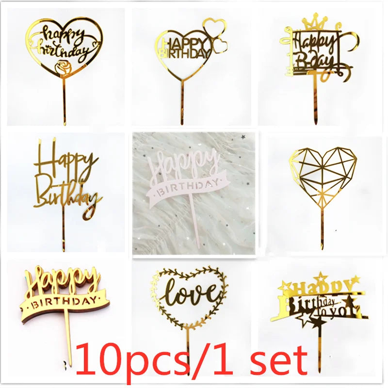 Gold Acrylic Happy Birthday Cake Toppers (Set of 10)