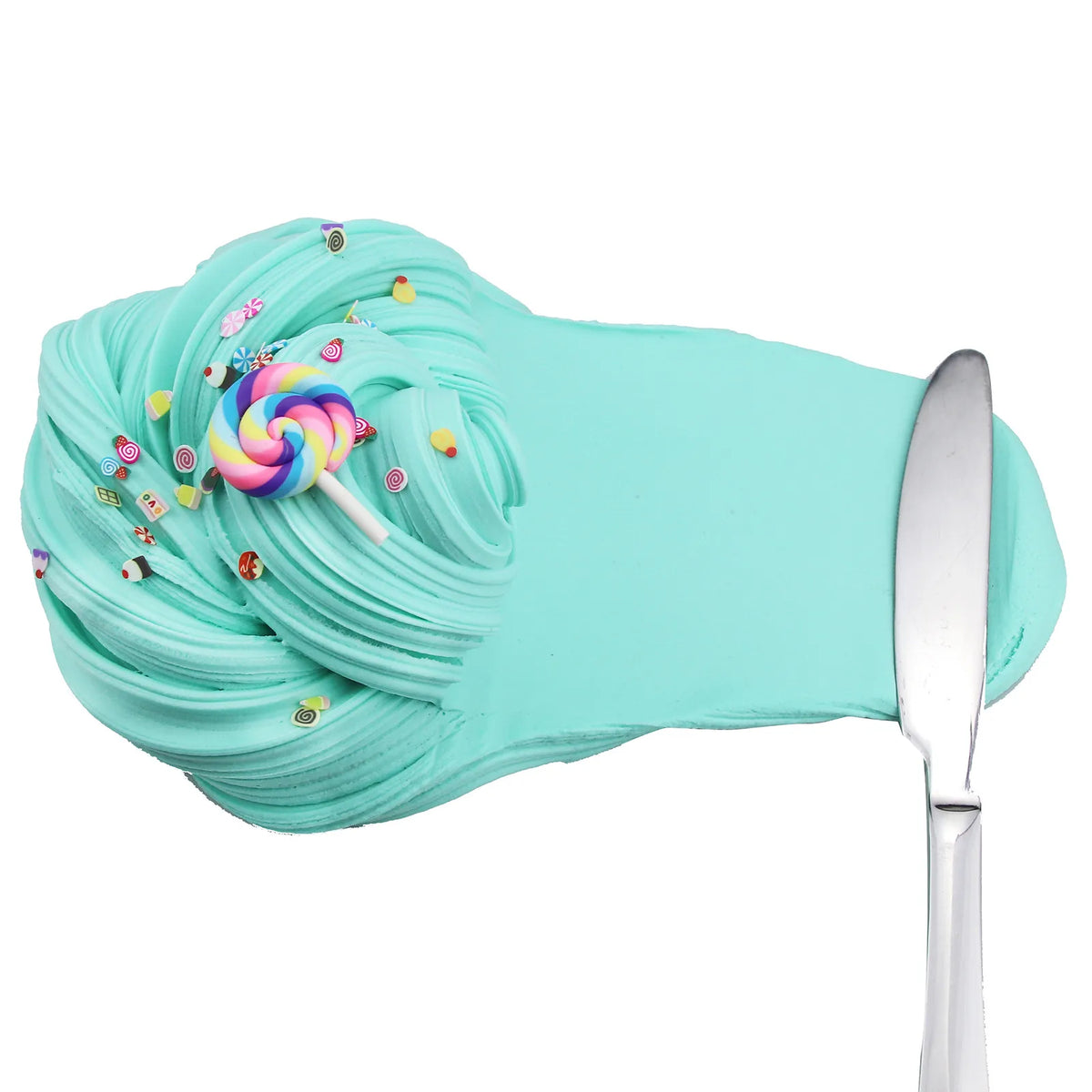 A light turquoise slime kit with a colorful swirl and small confetti scattered on the surface.