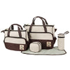 A set of brown and cream multifunctional crossbody diaper bags for parents.
