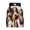 A black canvas daypack backpack featuring several female models.