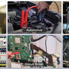 Collage verschiedener elektrische Komponenten wie Lampen, Auto-Verkabelung, Schaltkreise und DIY-Projekte