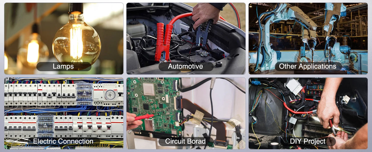 Collage verschiedener elektrische Komponenten wie Lampen, Auto-Verkabelung, Schaltkreise und DIY-Projekte