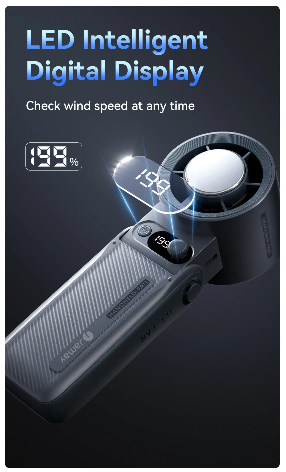 A handheld fan with an LED digital display showing 199% wind speed, designed to check wind speed at any time.