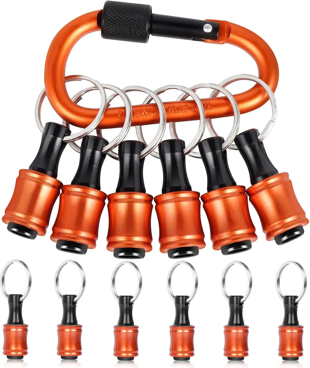 A set of magnetic hex bit holders with quick-release chucks in copper and black, packaged as a keychain.