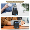 A magnetic leather wallet case for an iPhone is shown being used by a person in various contexts.