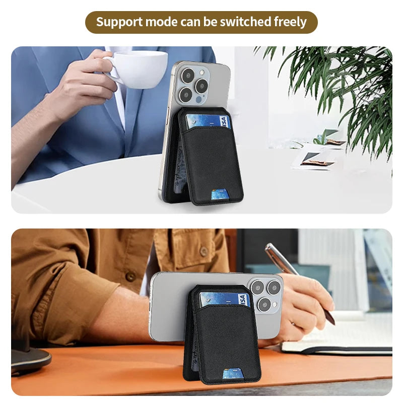 A magnetic leather wallet case for an iPhone is shown being used by a person in various contexts.