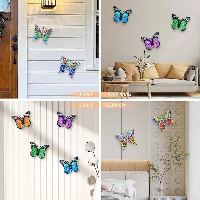 Sculptures de papillons métalliques de différentes couleurs décorant une entrée, un salon et une chambre.