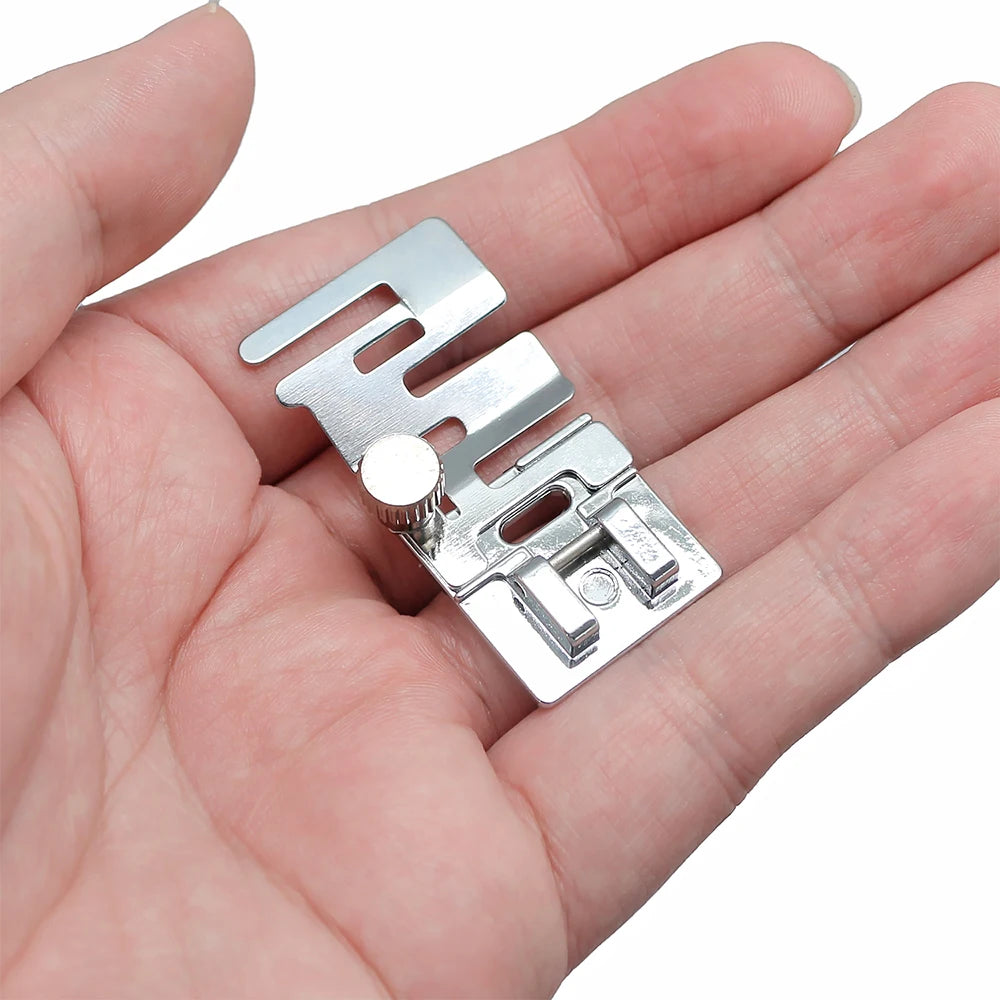 Silver elastic cord and fabric presser foot for a snap-on sewing machine shown in a hand.