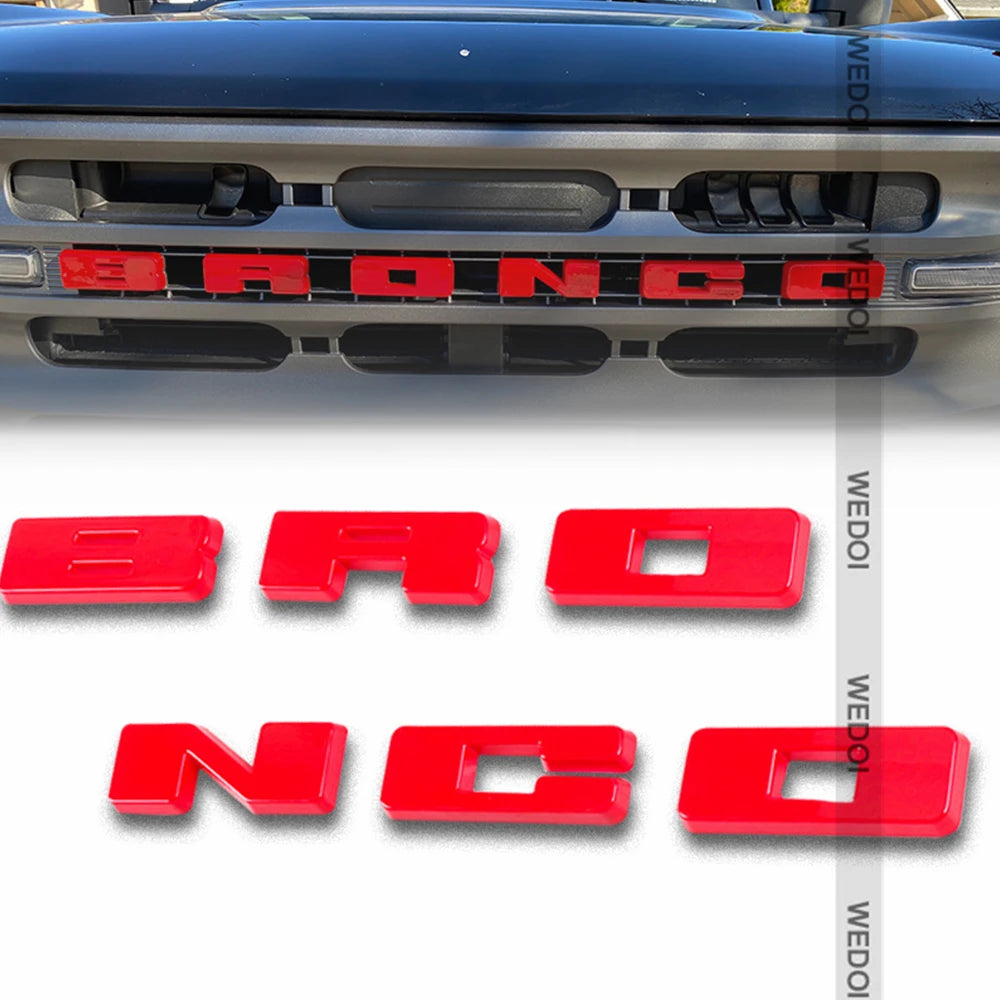Red 3D ABS emblem letter covers for a Ford Bronco grille.