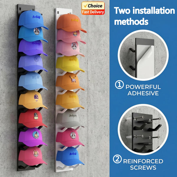 Two methods for wall-mounted baseball cap organizer showing powerful adhesive and reinforced screws.