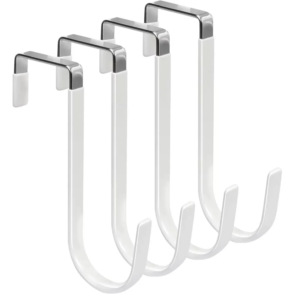A set of four metal over-the-door hooks with a soft rubber coating.
