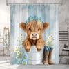 A fluffy brown Highland calf head adorned with blue flowers is displayed in a rustic farmhouse shower curtain setting.
