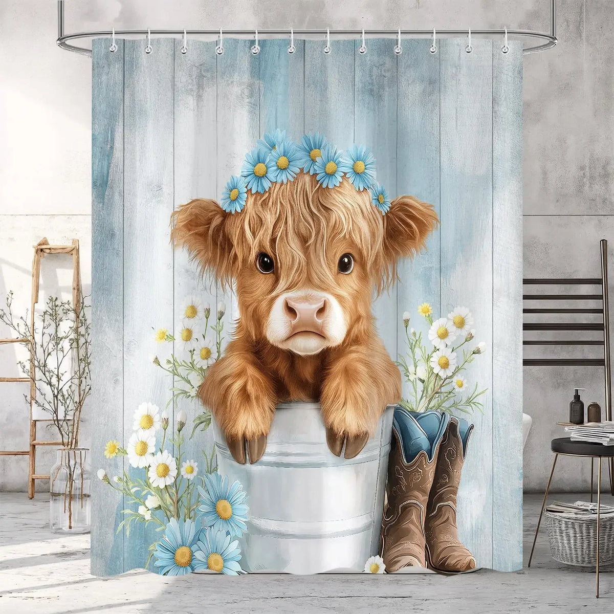 A fluffy brown Highland calf head adorned with blue flowers is displayed in a rustic farmhouse shower curtain setting.