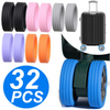 A set of silicone suitcase wheel protectors in various colors, including black, pink, gray, and orange, shown alongside a bla