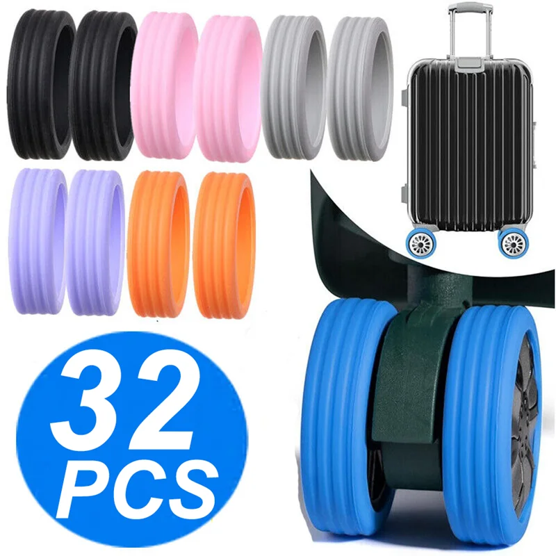 A set of silicone suitcase wheel protectors in various colors, including black, pink, gray, and orange, shown alongside a bla