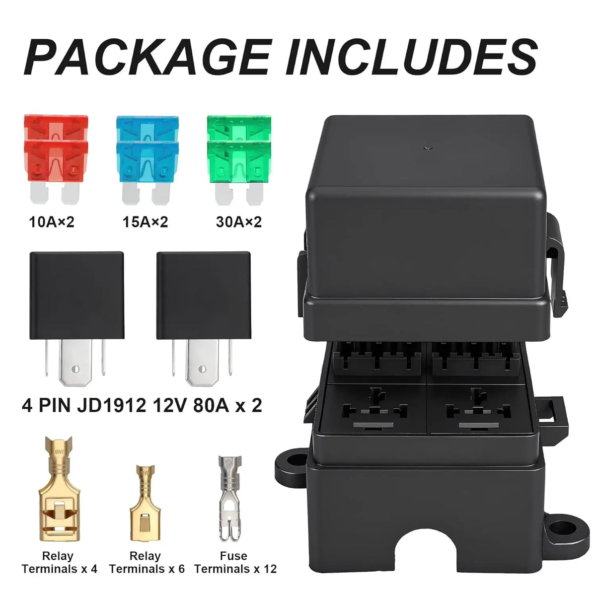 A package of waterproof relay and fuse box components including various blade holders, relays, and fuses.