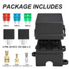 Package includes relay terminals, fuses, and a waterproof relay and fuse box with blade holders.