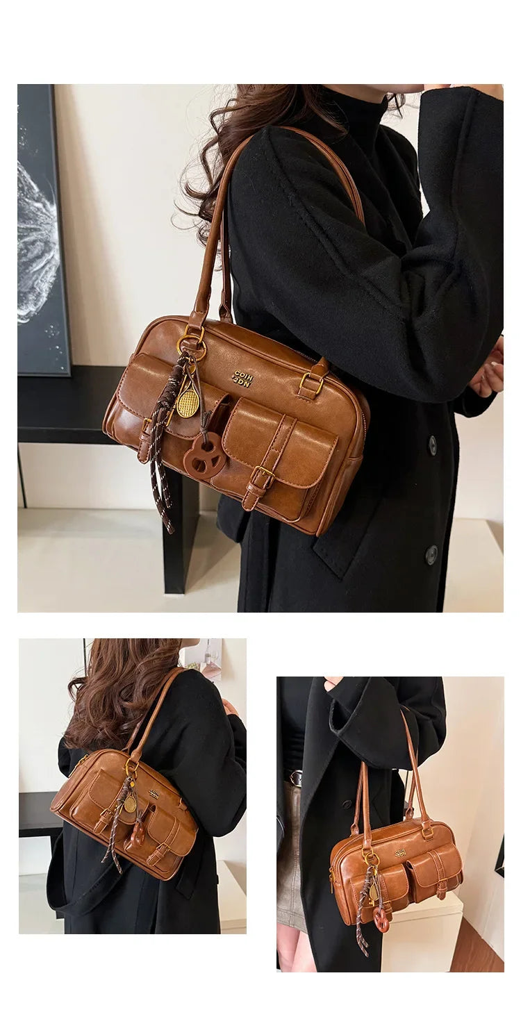 Women's Retro PU Leather Shoulder Bag with Multiple Pockets & Detachable Charm