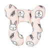 Pink fabric head and neck support pillow featuring cute animal faces for baby travel