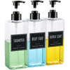 A three-pack of clear glass refillable soap dispenser bottles with black pump tops and labels for shampoo, body soap, and han