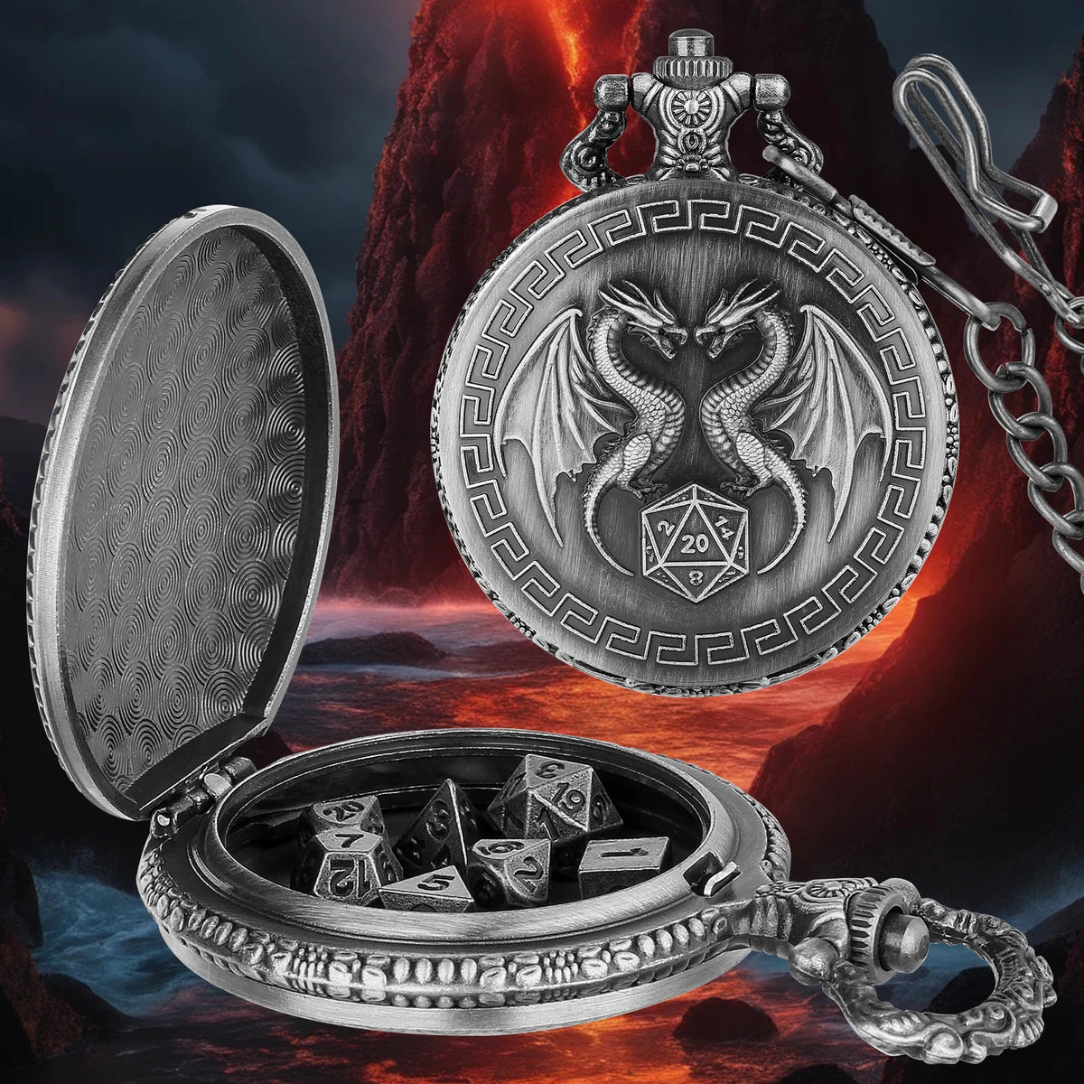 A silver dragon-themed pocket watch case is open, revealing a chain and a large metal die with a dragon design.