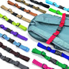 Various colored adjustable backpack chest straps shown individually and in a bundle.