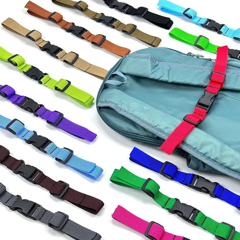 Various colored adjustable backpack chest straps shown individually and in a bundle.