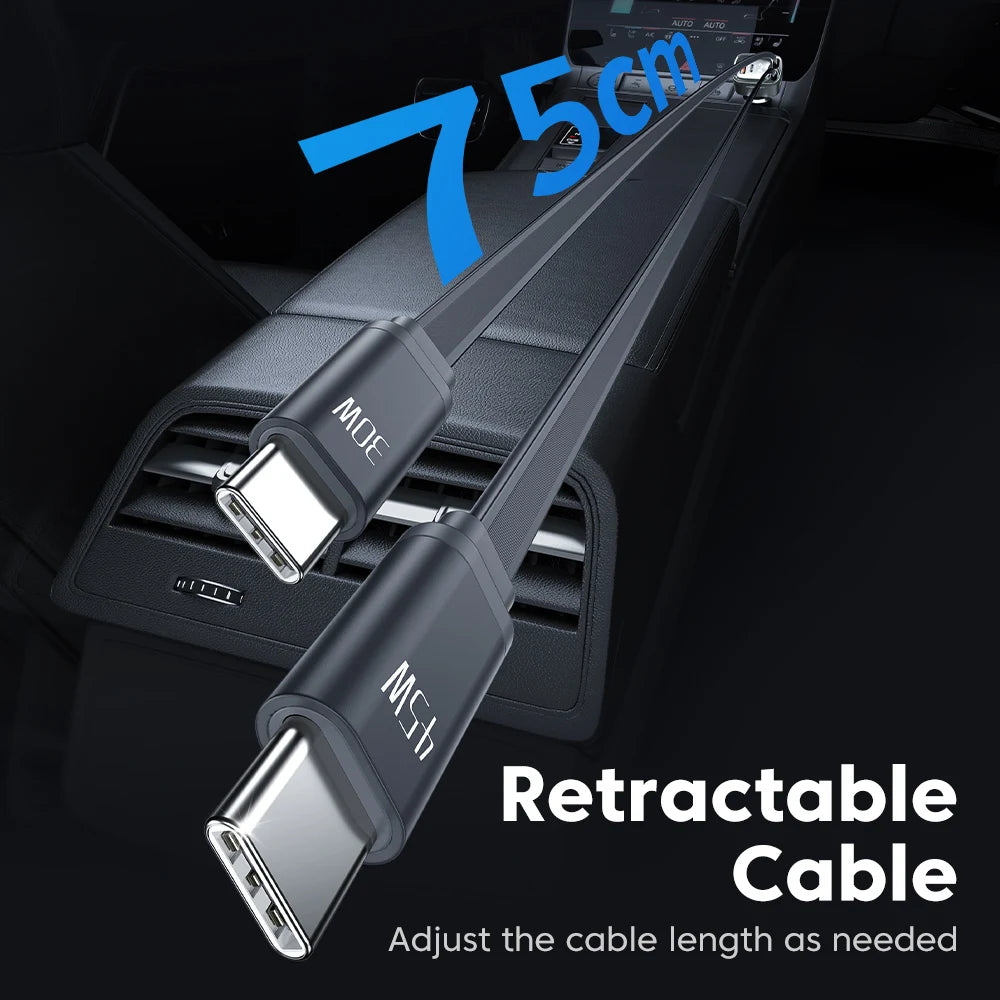 A close-up view of a gray retractable cable with USB ports, showing its length and connection points.